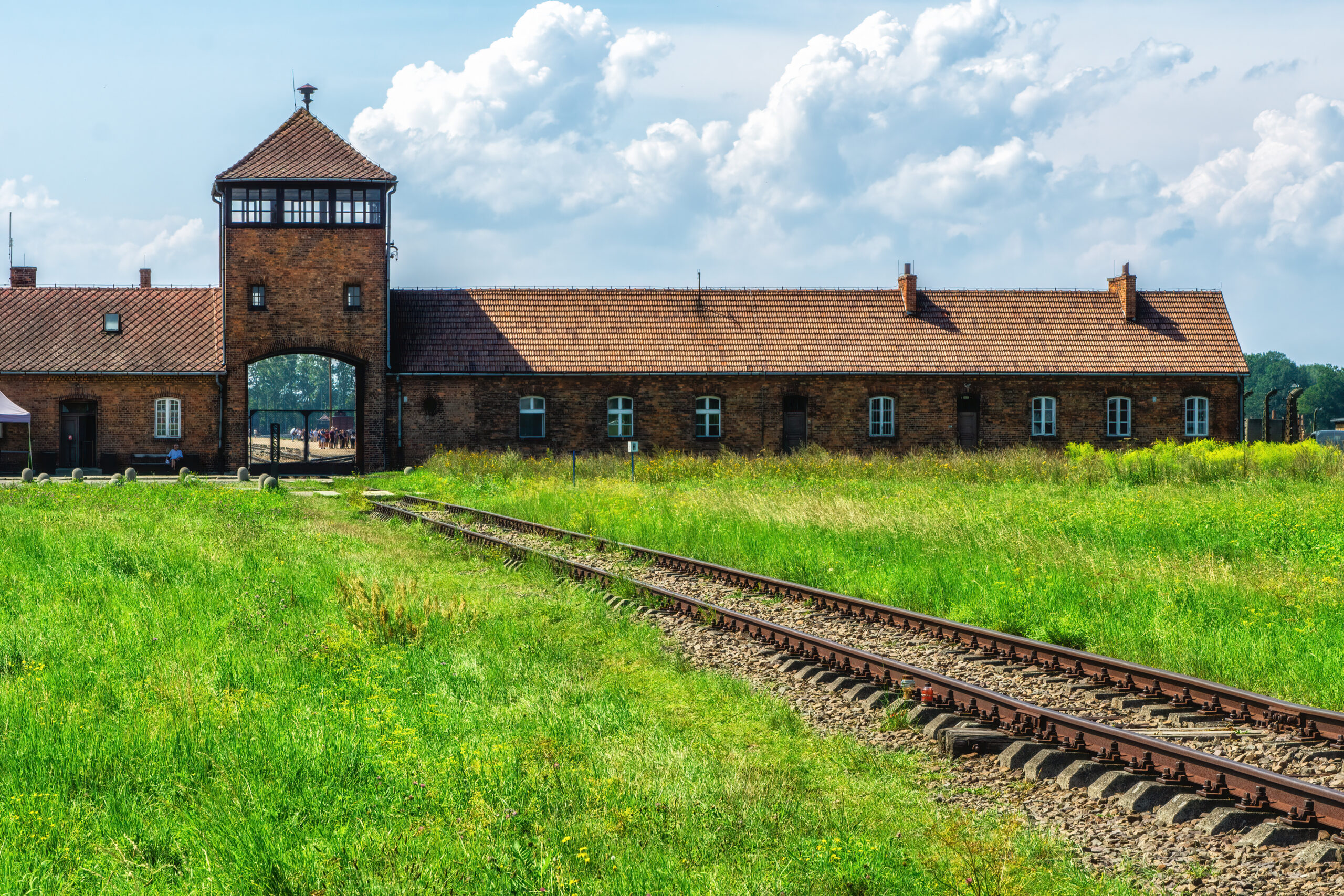 Entrance building and railway line of the former Auschwitz II–Birkenau concentration camp in southern Poland.